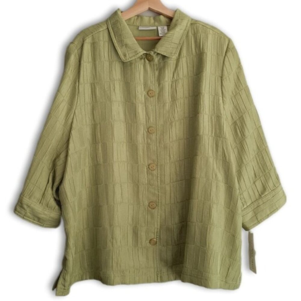 CARROLL REED Textured Crinkled Stitched Button Down Blazer Jacket Green Sz 22 W